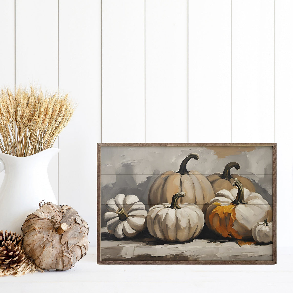 Kendrick Home Walnut Frames Neutral Pumpkins Printed and Framed Wall Sign