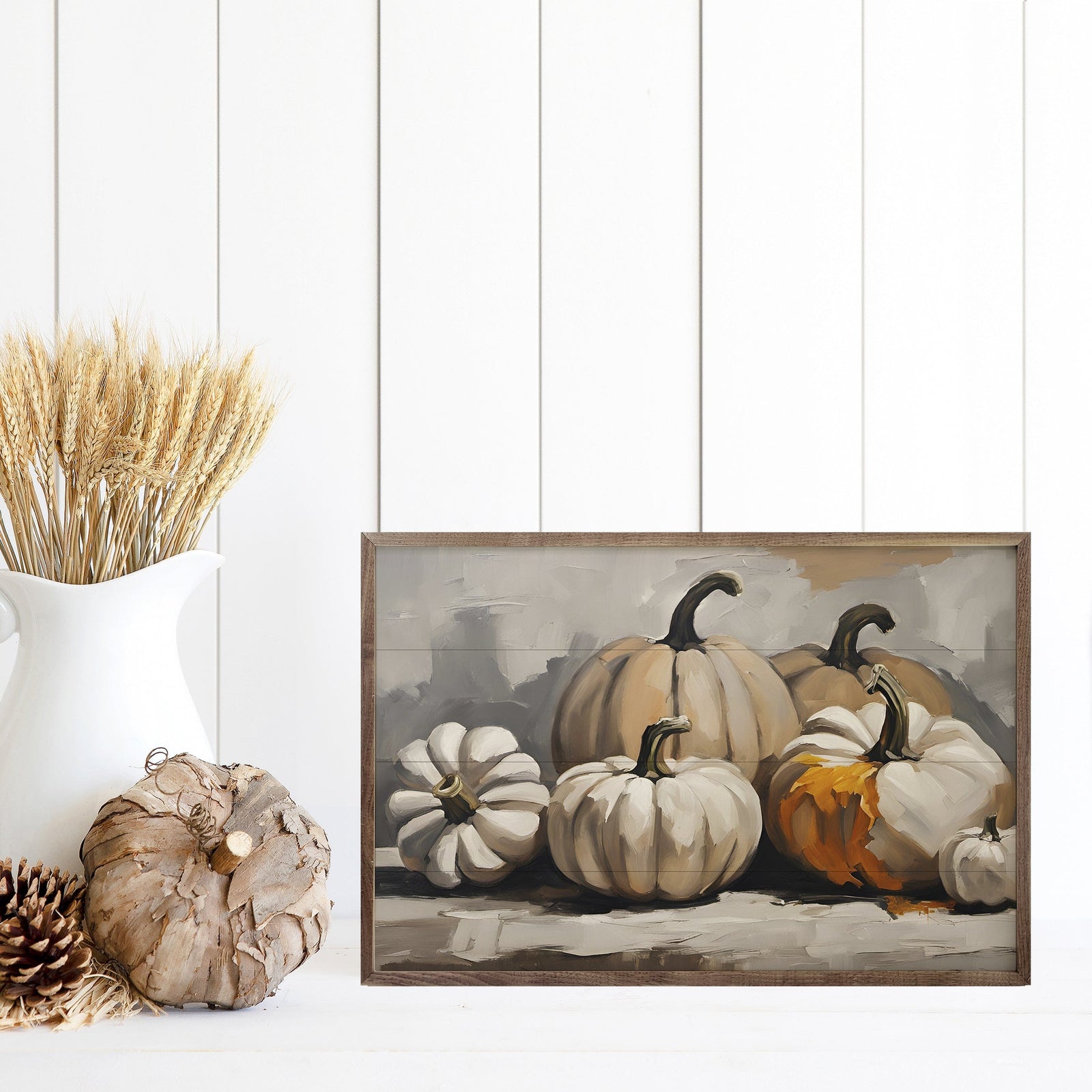 Kendrick Home Walnut Frames Neutral Pumpkins Printed and Framed Wall Sign