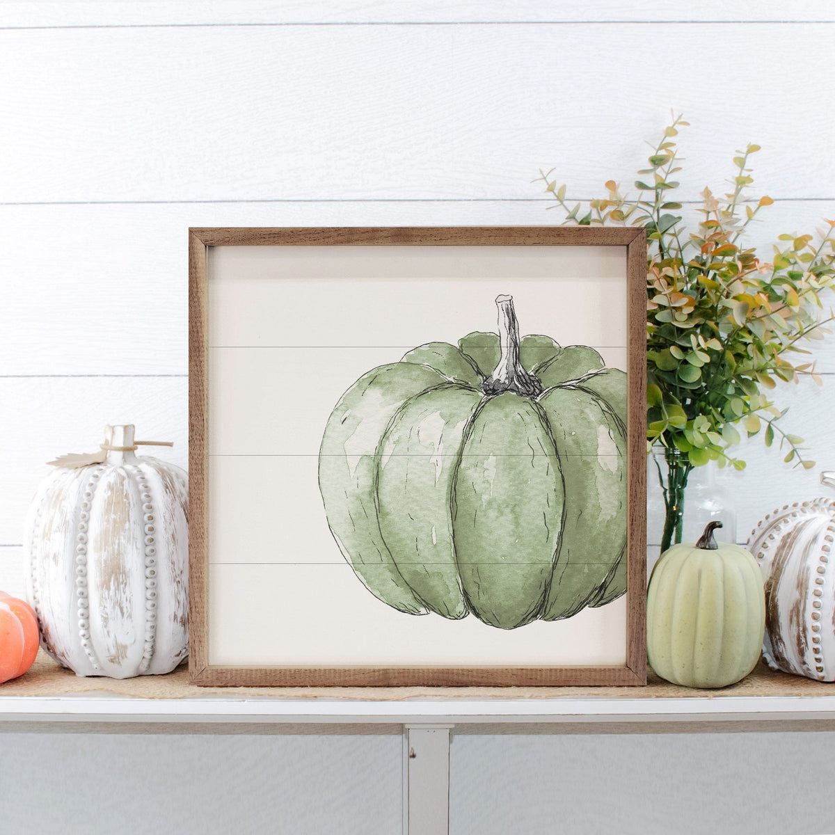 Kendrick Home Walnut Frames Offset Green Pumpkin White Printed and Framed Wall Sign