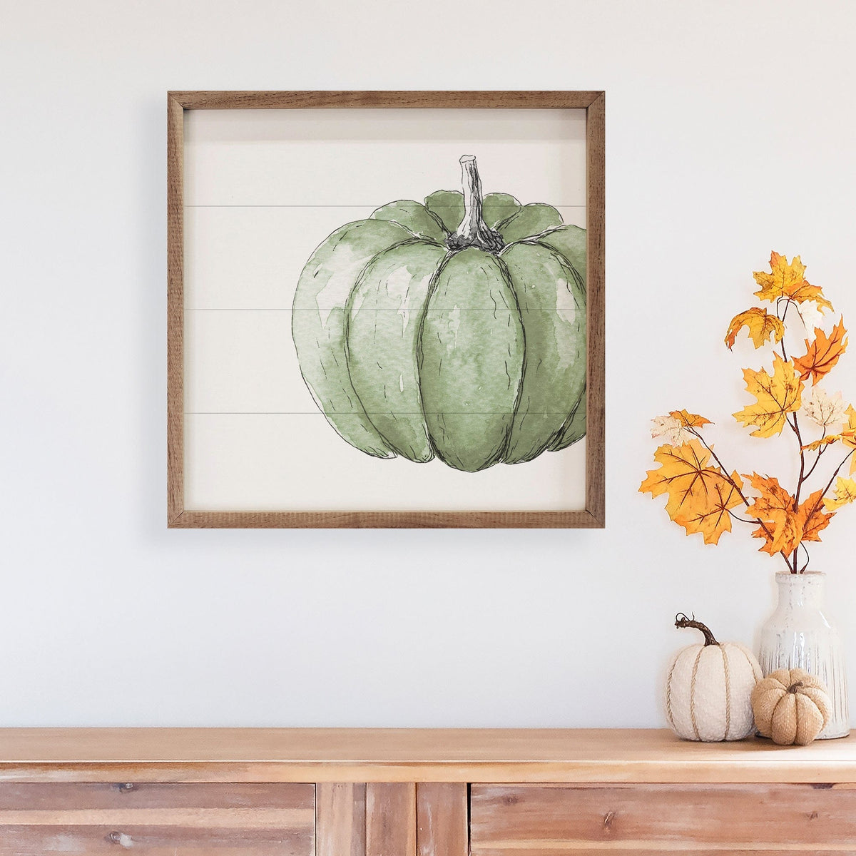 Kendrick Home Walnut Frames Offset Green Pumpkin White Printed and Framed Wall Sign