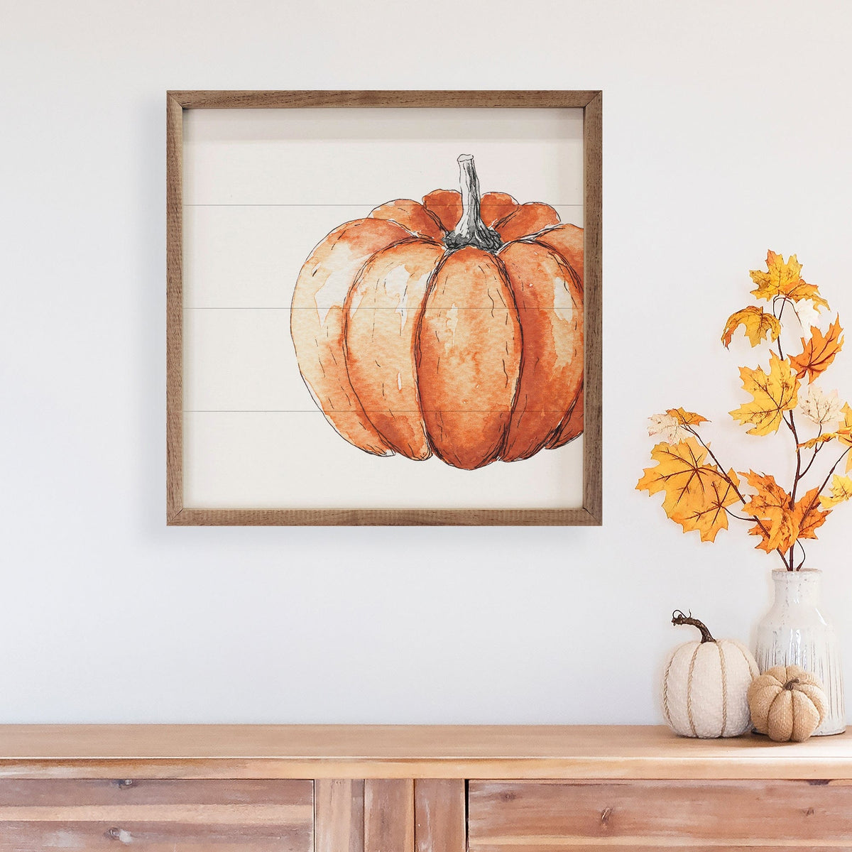 Kendrick Home Walnut Frames Offset Orange Pumpkin White Printed and Framed Wall Sign