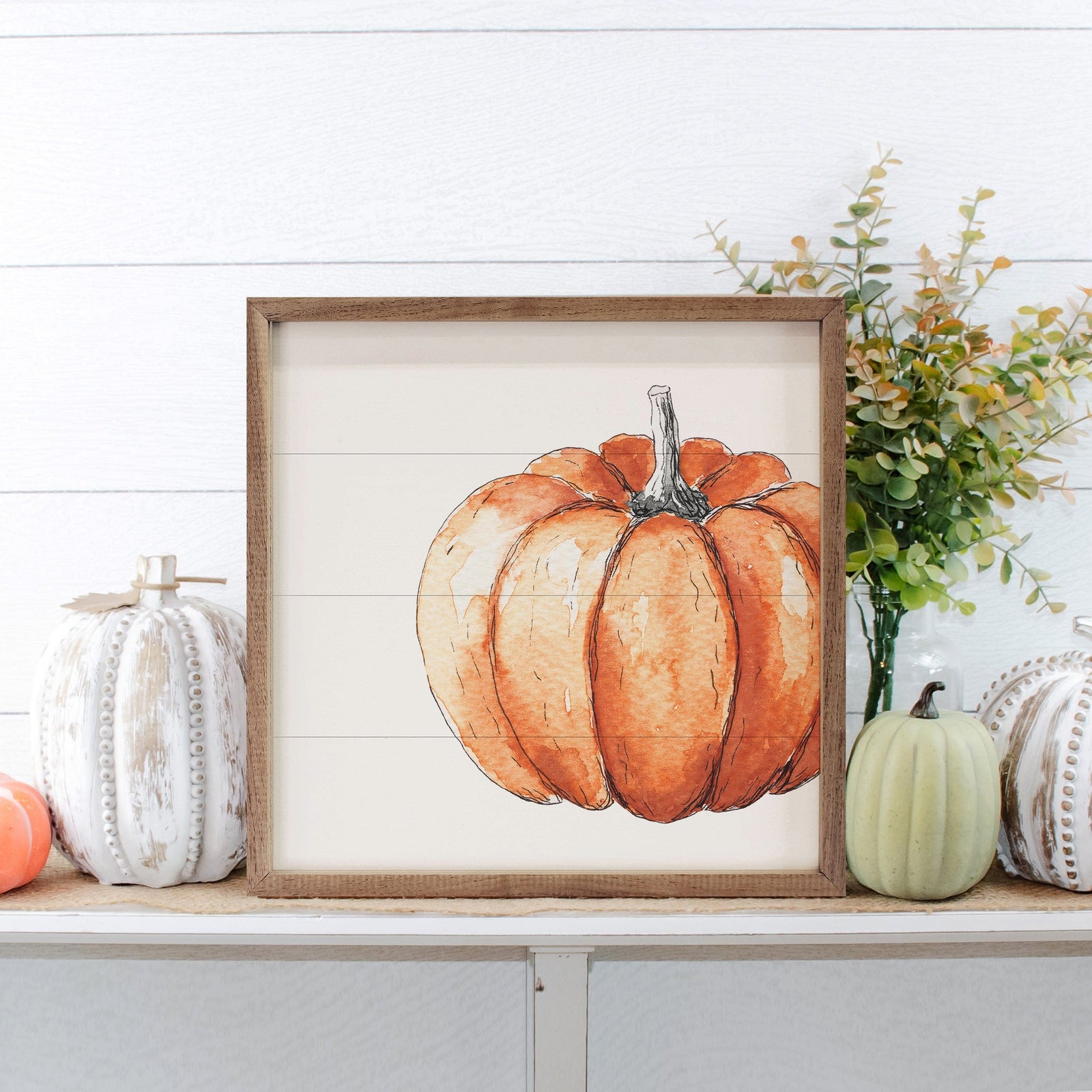 Kendrick Home Walnut Frames 4x4 Offset Orange Pumpkin White Printed and Framed Wall Sign