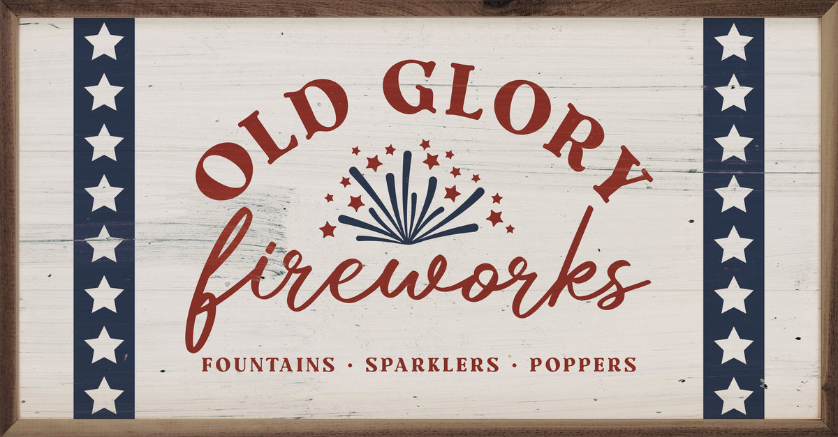 Old Glory Fireworks Whitewash Printed and Framed Wall Sign