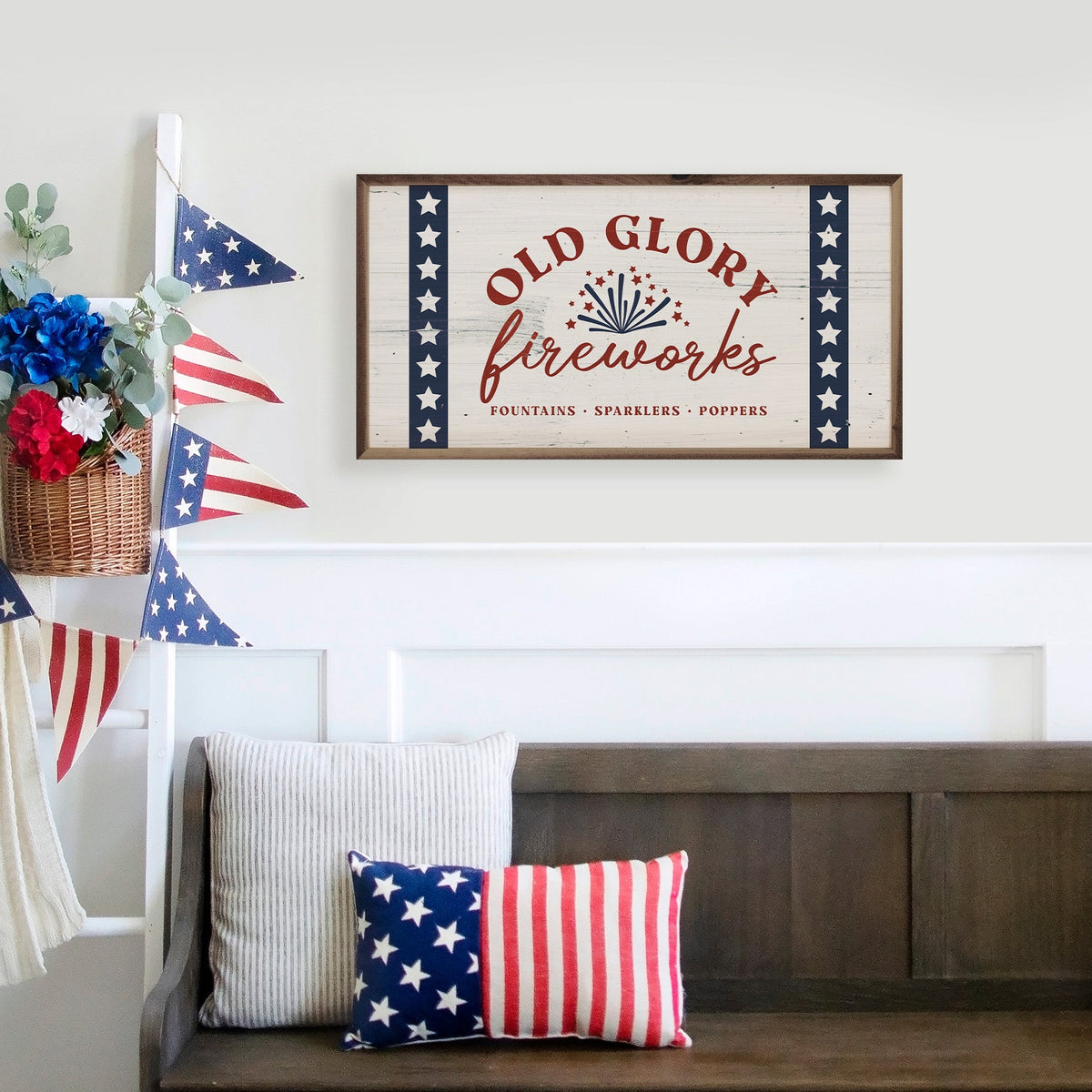 Old Glory Fireworks Whitewash Printed and Framed Wall Sign