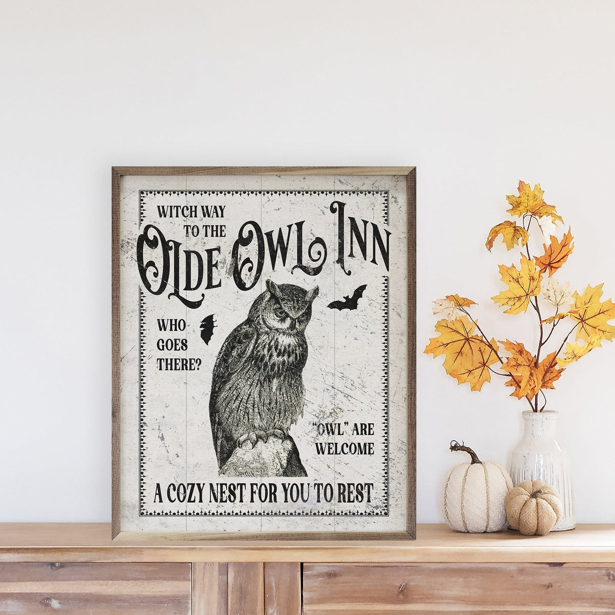 Kendrick Home Walnut Frames Olde Owl Inn White Printed and Framed Wall Sign
