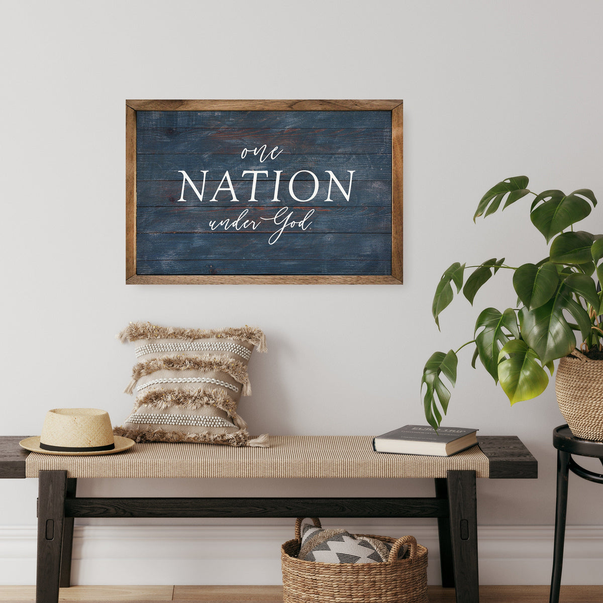 Kendrick Home Walnut Frames One Nation Under God Blue Printed and Framed Wall Sign