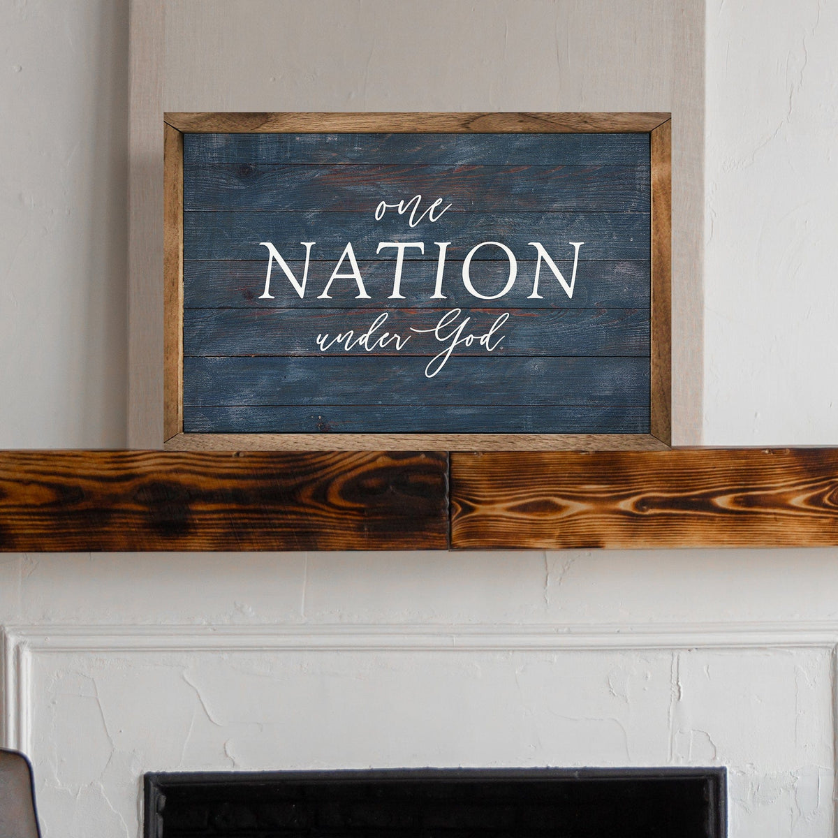 Kendrick Home Walnut Frames One Nation Under God Blue Printed and Framed Wall Sign