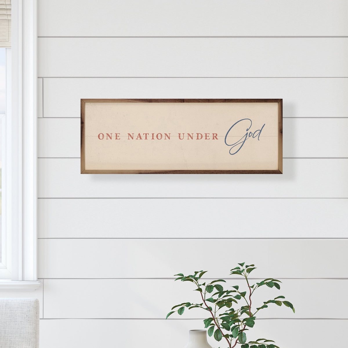 Kendrick Home Walnut Frames One Nation Under God White Printed and Framed Wall Sign