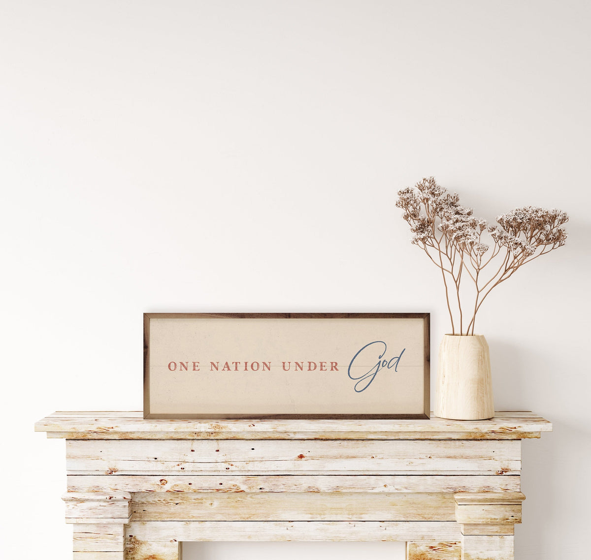 Kendrick Home Walnut Frames One Nation Under God White Printed and Framed Wall Sign
