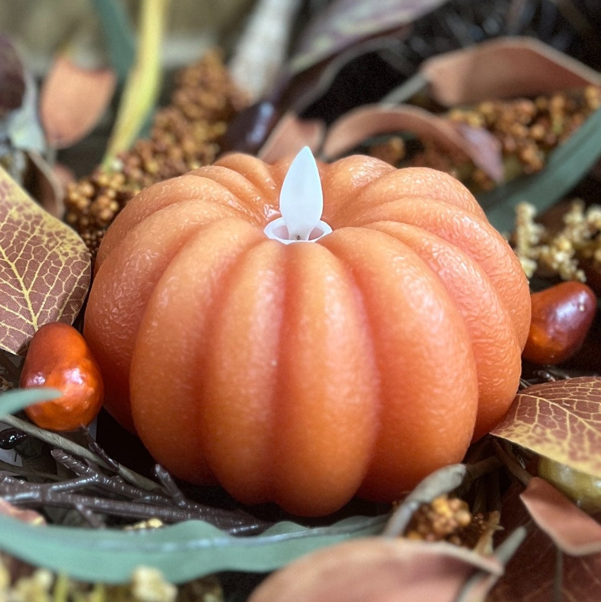 Orange Carved Pumpkin LED Battery Candle With Moving Flame 4.5&quot; Diameter