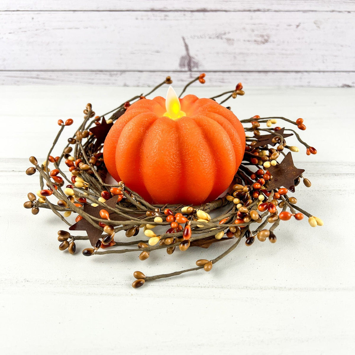 Orange Carved Pumpkin LED Battery Candle With Moving Flame 4.5&quot; Diameter