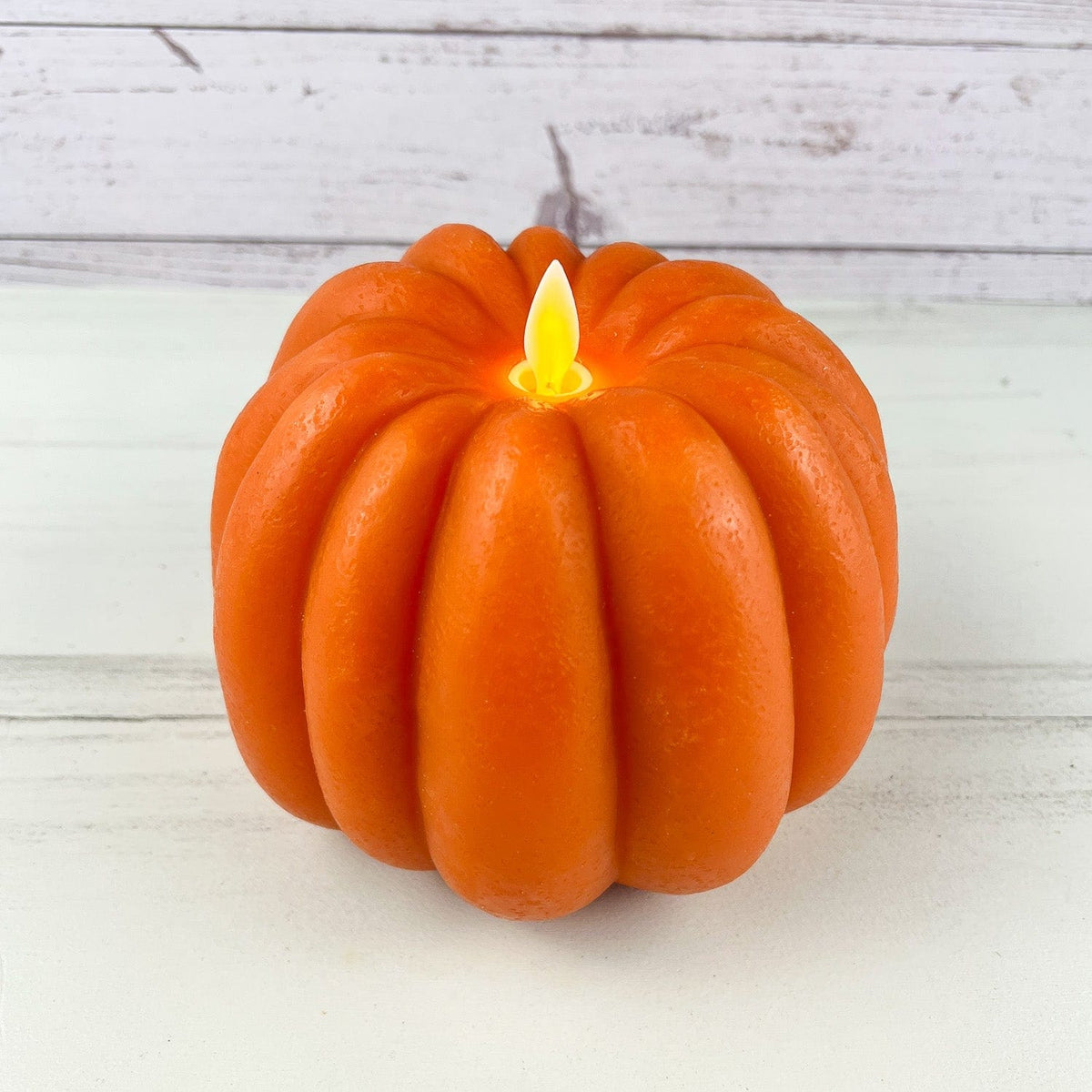 Orange Carved Pumpkin LED Battery Candle With Moving Flame 6&quot; Diameter