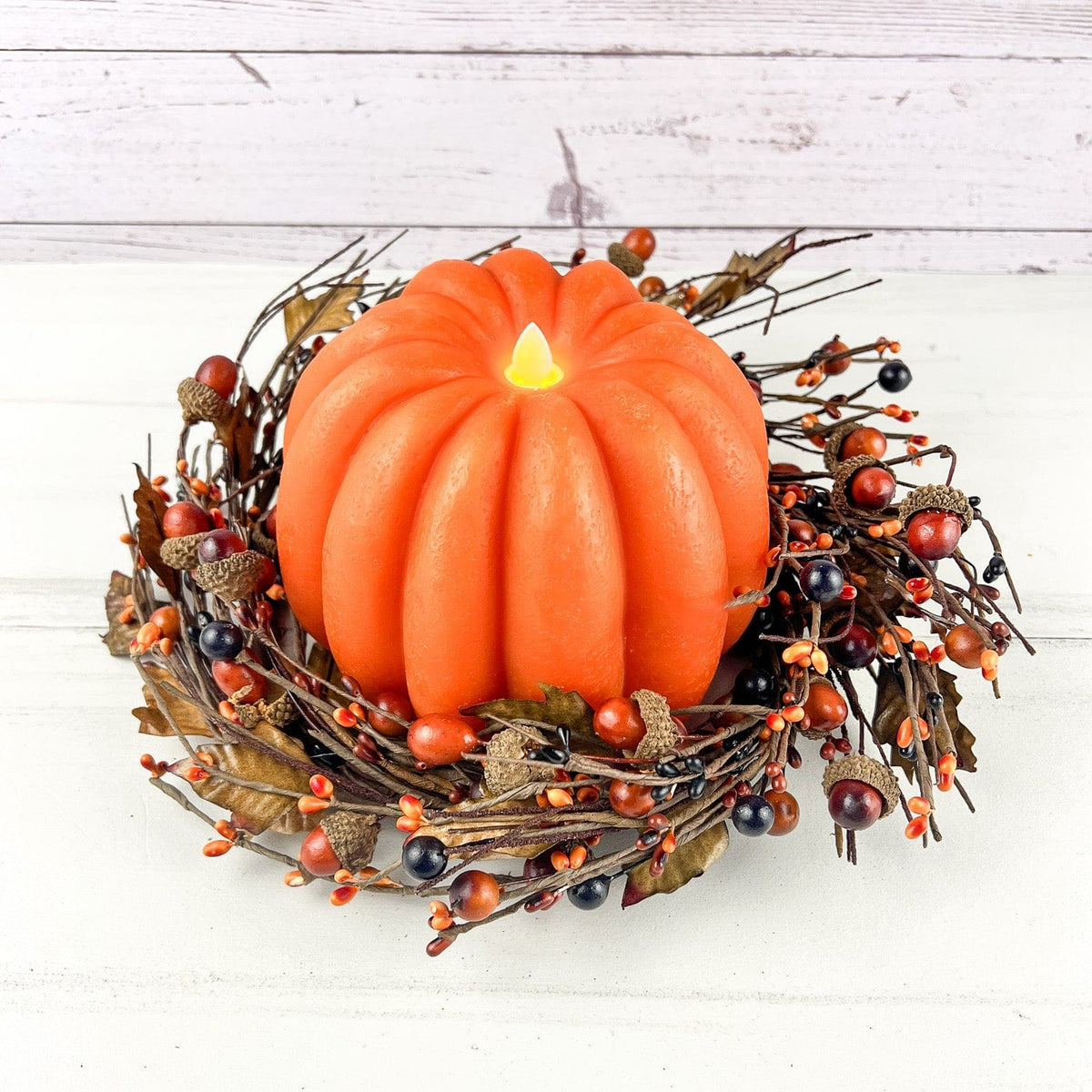 Orange Carved Pumpkin LED Battery Candle With Moving Flame 6&quot; Diameter