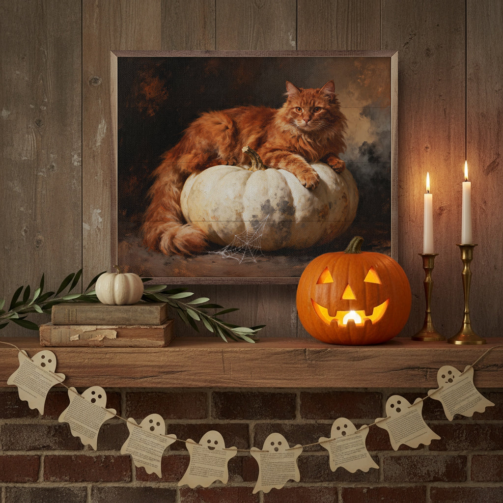 Orange Cat On Pumpkin Printed and Framed Wall Sign