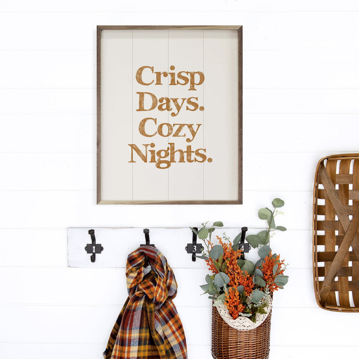 Kendrick Home Walnut Frames Orange Crisp Days Cozy Nights White Printed and Framed Wall Sign