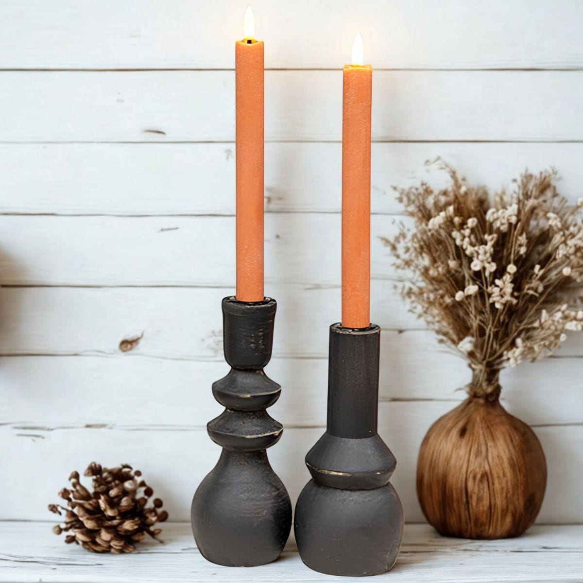 CWI Gifts LED Taper Candles Orange Wax Timer LED Battery Taper Candle 10" High Set of 2