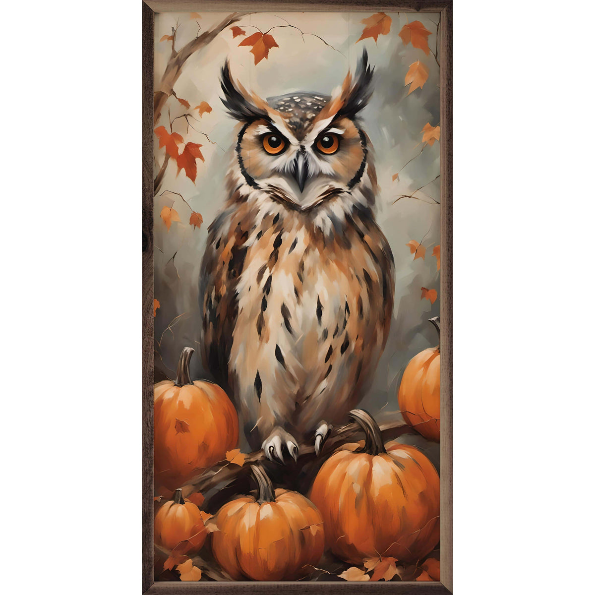 Kendrick Home Walnut Frames 8x16 Owl With Pumpkins Printed and Framed Wall Sign