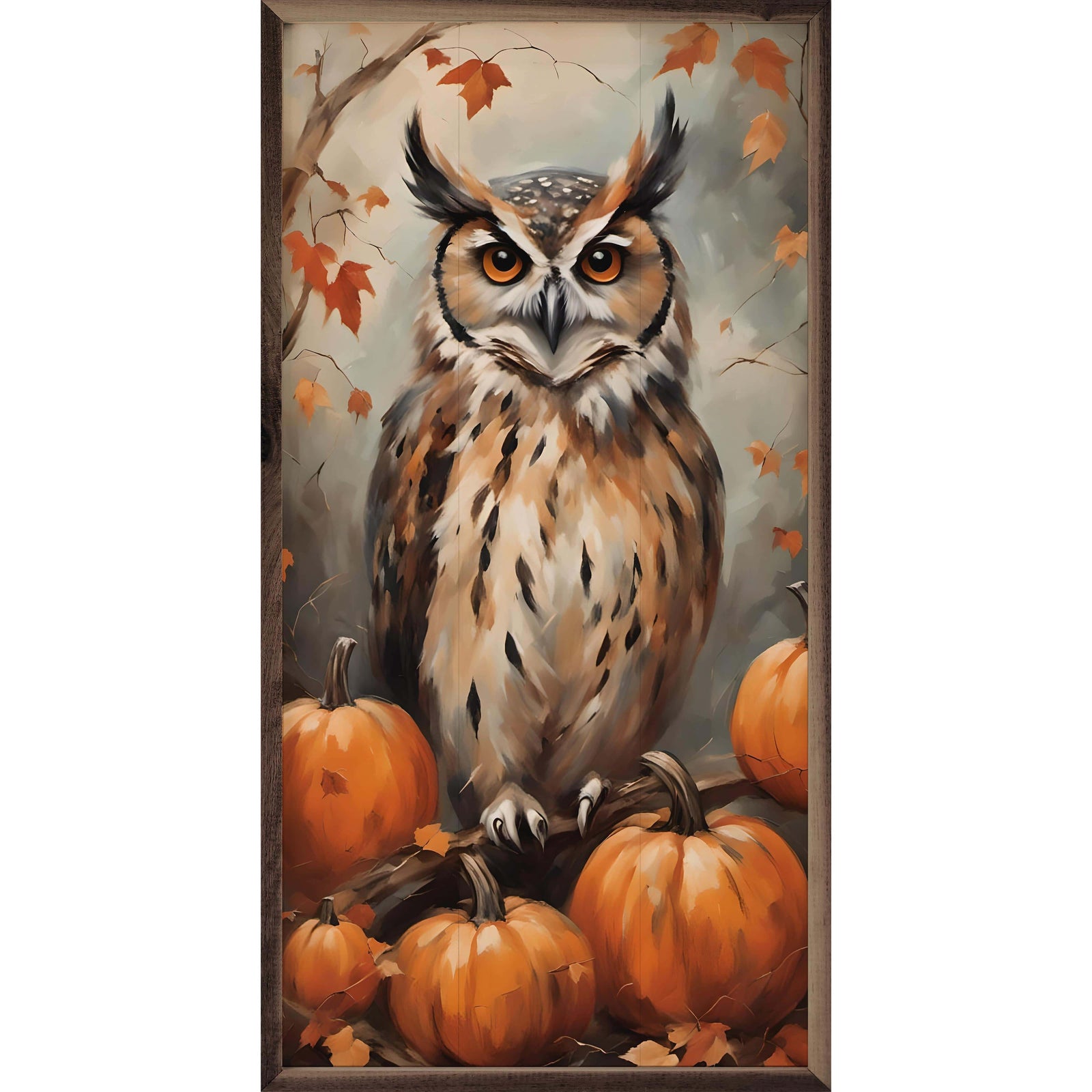 Kendrick Home Walnut Frames 8x16 Owl With Pumpkins Printed and Framed Wall Sign