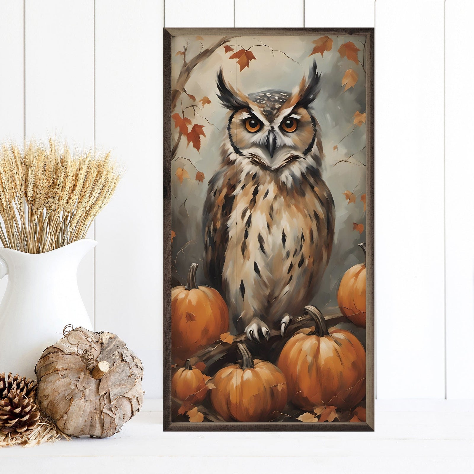 Kendrick Home Walnut Frames 8x16 Owl With Pumpkins Printed and Framed Wall Sign