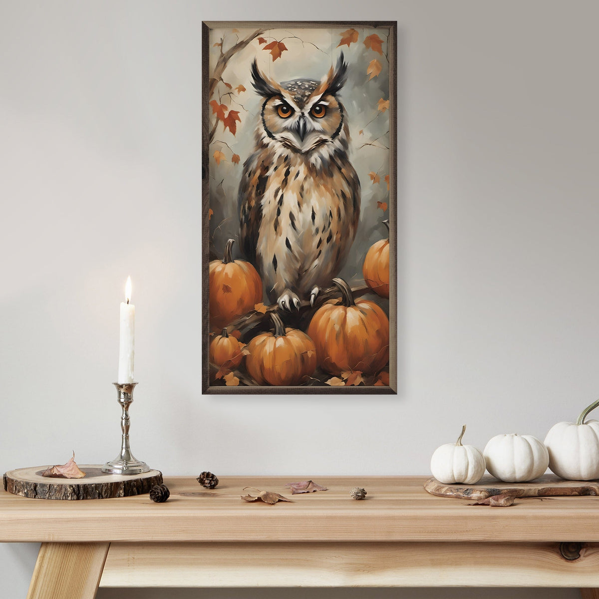 Kendrick Home Walnut Frames Owl With Pumpkins Printed and Framed Wall Sign