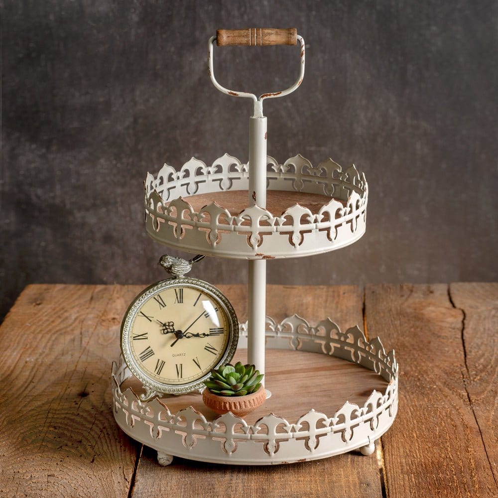 Painted Metal Leila Caddy / Tray / Stand With Wooden Handle 2 Tier-CTW Home-The Village Merchant