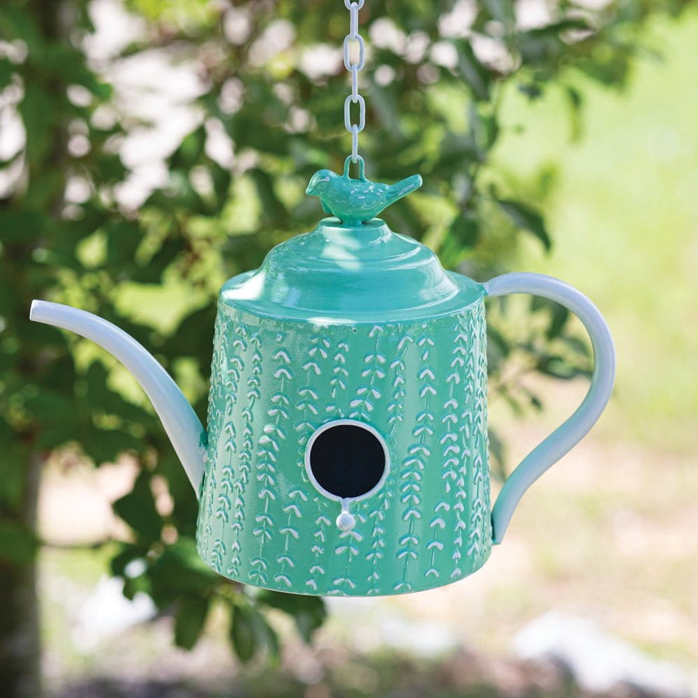 Painted Metal Mint Green Tea Pot Birdhouse-CTW Home-The Village Merchant