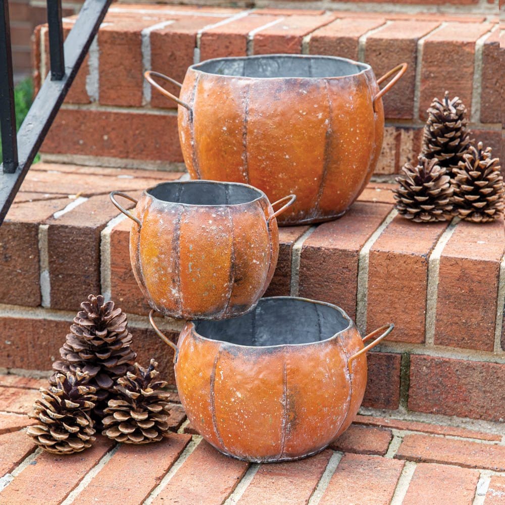Painted Metal Pumpkin Planter Containers Set of 3 Assorted Sizes-CTW Home-The Village Merchant