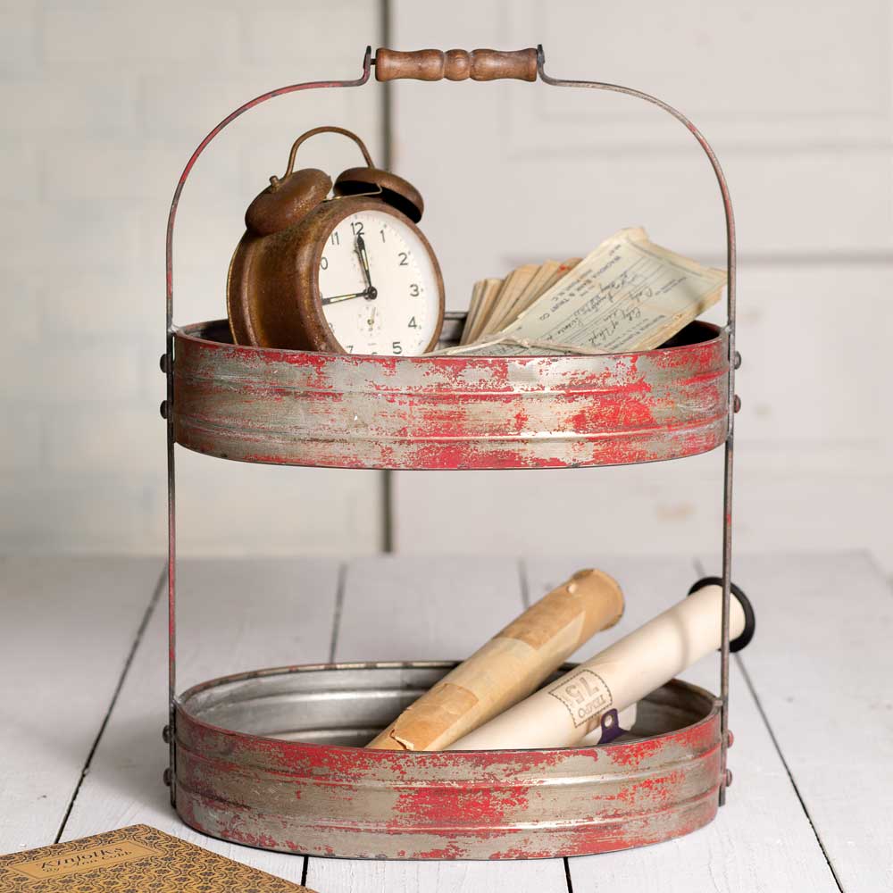Painted Metal Red Serving Caddy / Tray / Stand With Wooden Handle 2 Tier-CTW Home-The Village Merchant