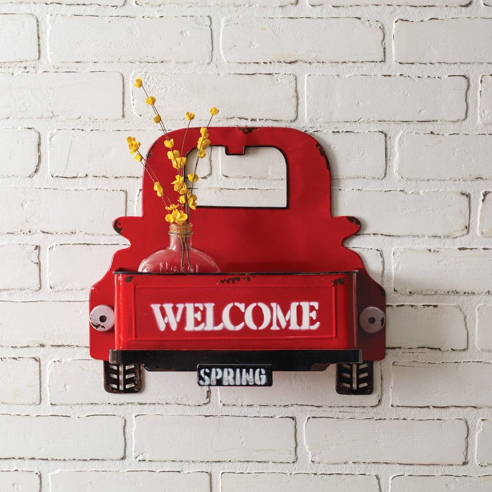 Painted Metal Red Truck Welcome Spring Wall Planter-CTW Home-The Village Merchant