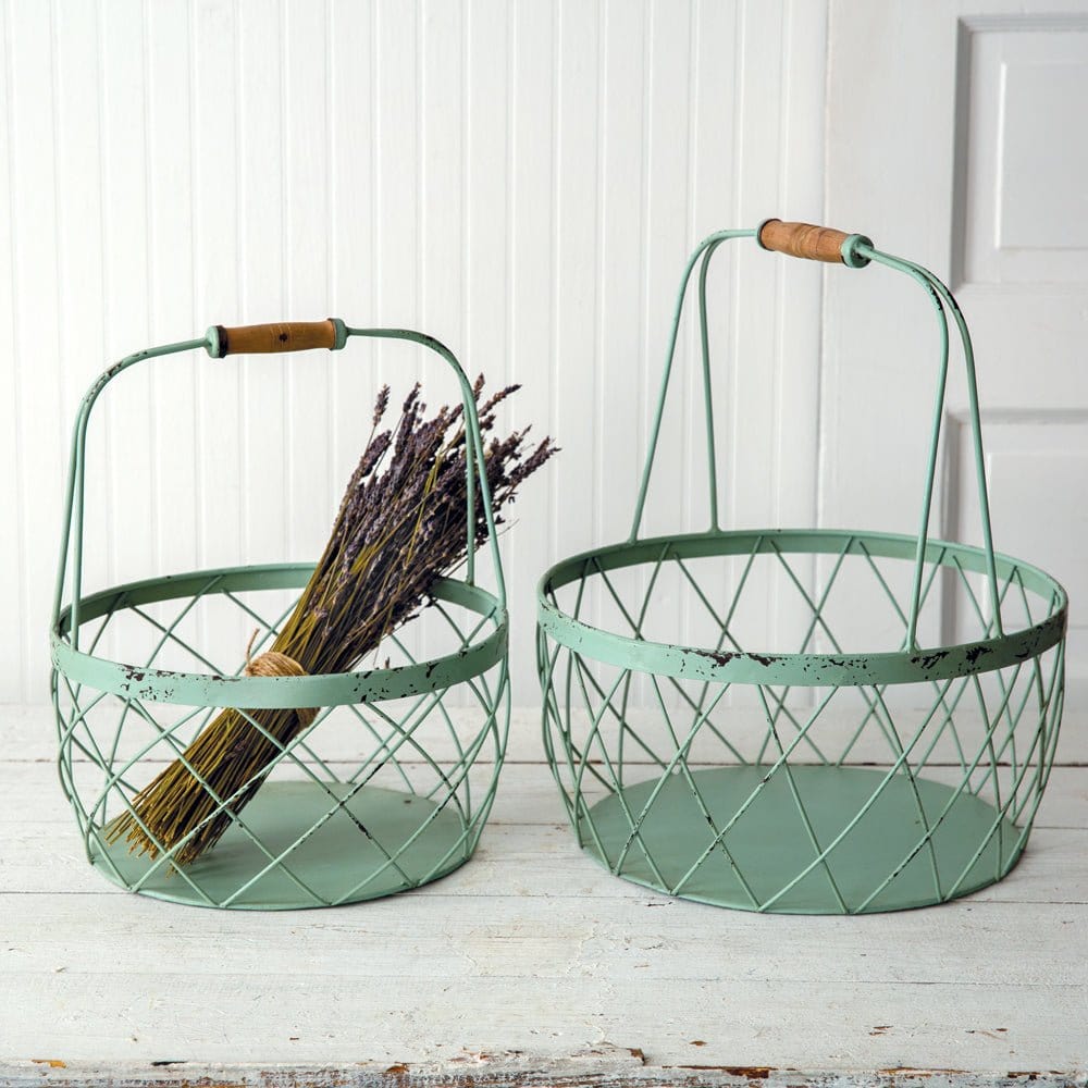 Painted Metal Robins Egg Wire Basket With Handles Set of 2 - Assorted Sizes-CTW Home-The Village Merchant