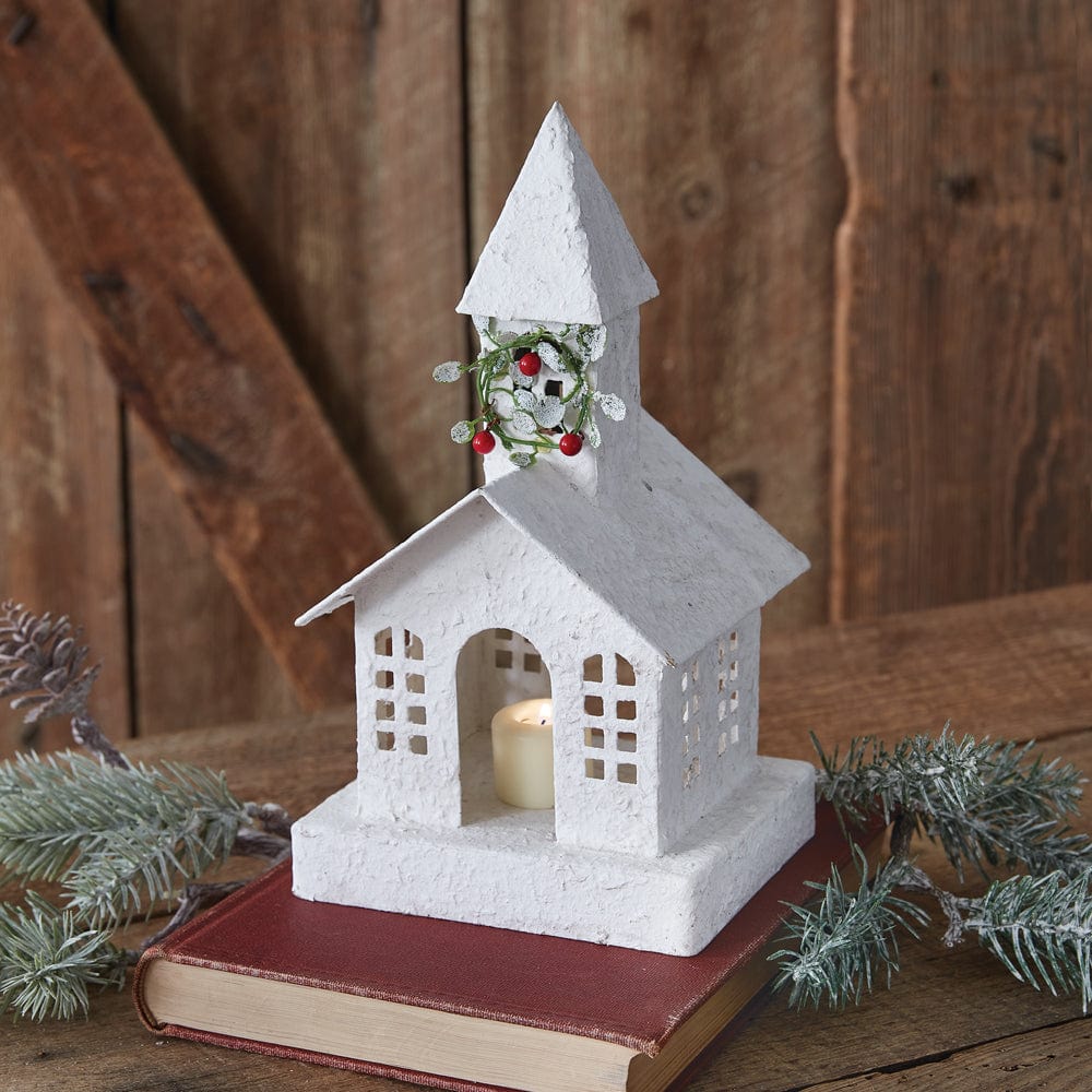 Painted Metal Snowy Church Luminary