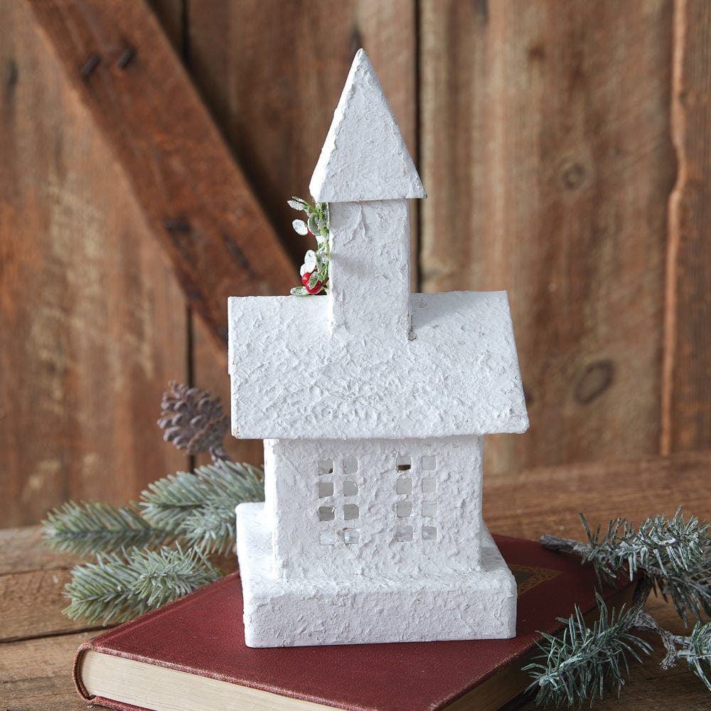 Painted Metal Snowy Church Luminary