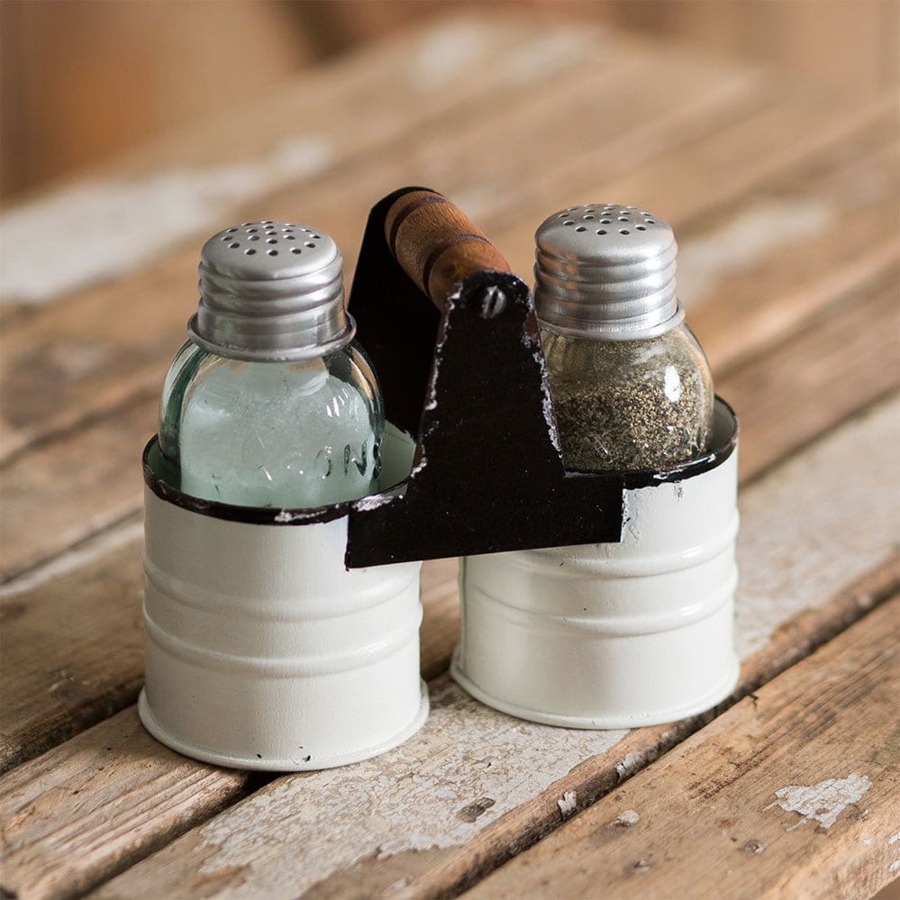 Painted Metal White &amp; Black Mini Mason Jars Salt &amp; Pepper Shakers With Caddy-CTW Home-The Village Merchant