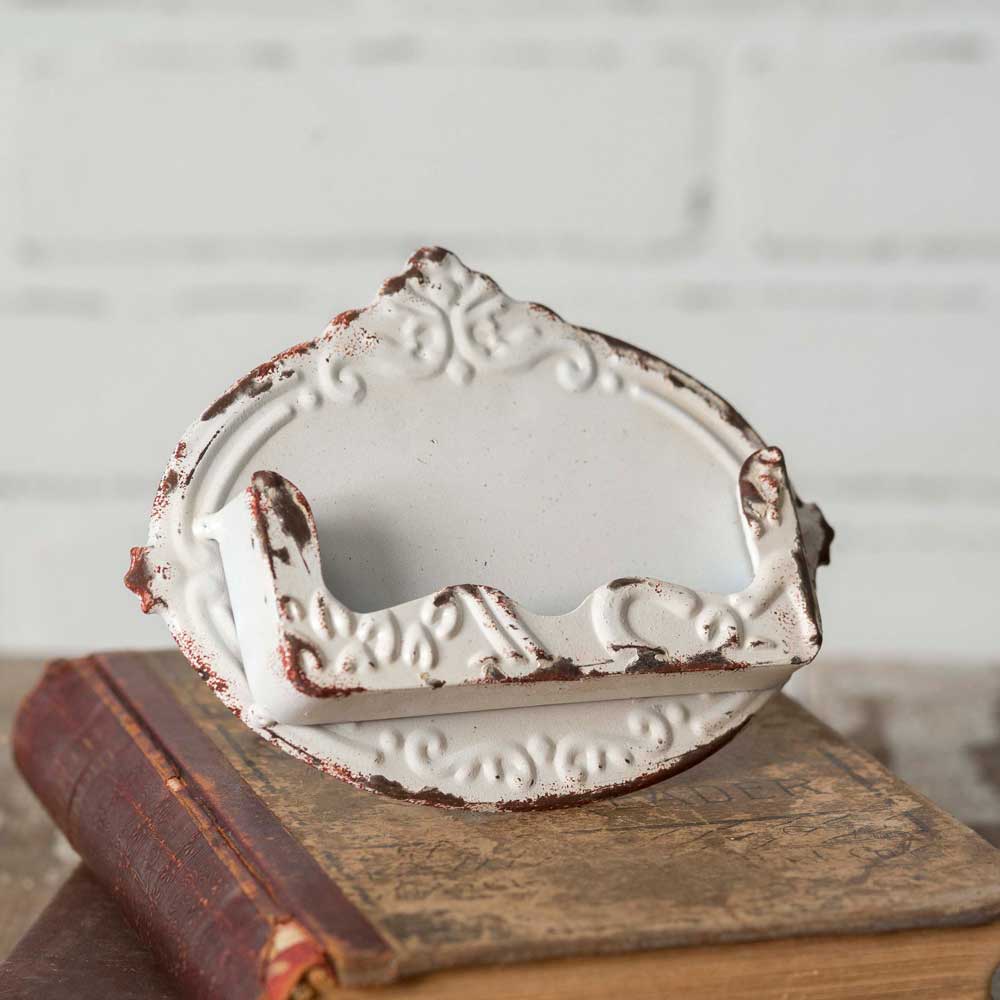 Painted Metal White Embossed Distressed Business Card Holder / Pocket-CTW Home-The Village Merchant