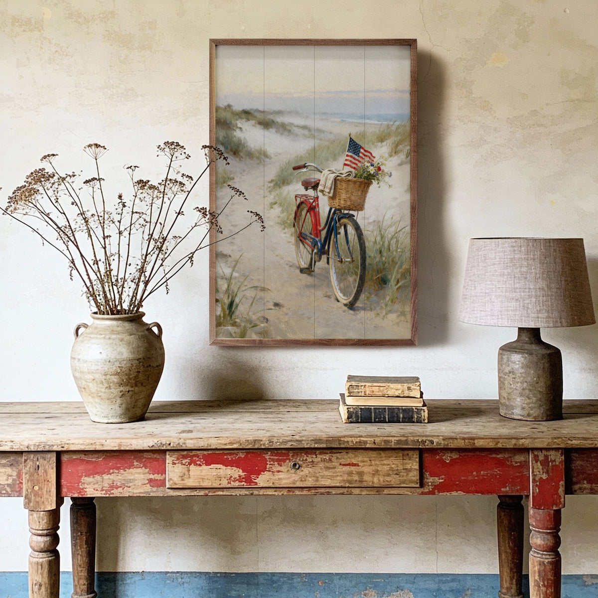 Kendrick Home Walnut Frames Patriotic Bike On The Coast Printed and Framed Wall Sign