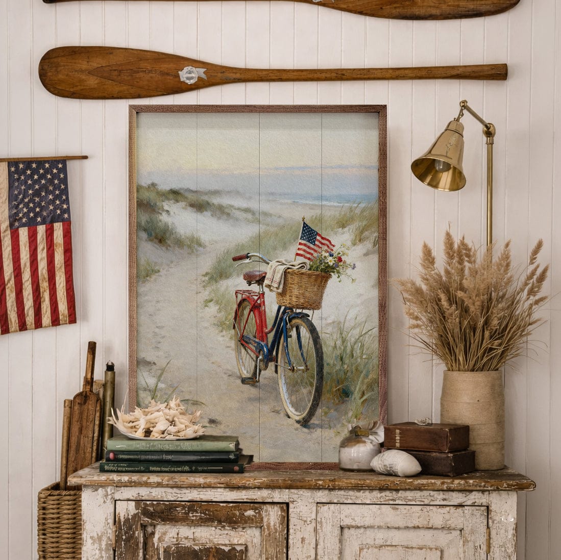 Kendrick Home Walnut Frames Patriotic Bike On The Coast Printed and Framed Wall Sign