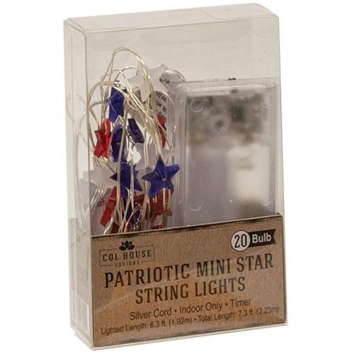 Patriotic Mini Star Light String / Strand Battery Operated LED Timer 20 Count