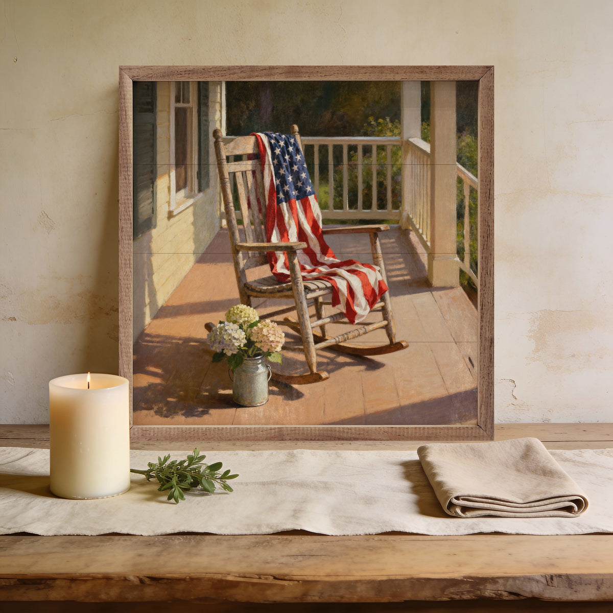 Kendrick Home Walnut Frames Patriotic Porch Rocking Chair Printed and Framed Wall Sign
