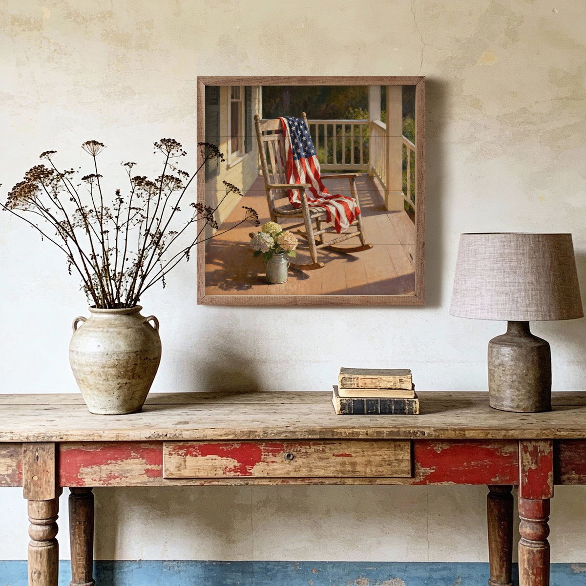 Kendrick Home Walnut Frames Patriotic Porch Rocking Chair Printed and Framed Wall Sign