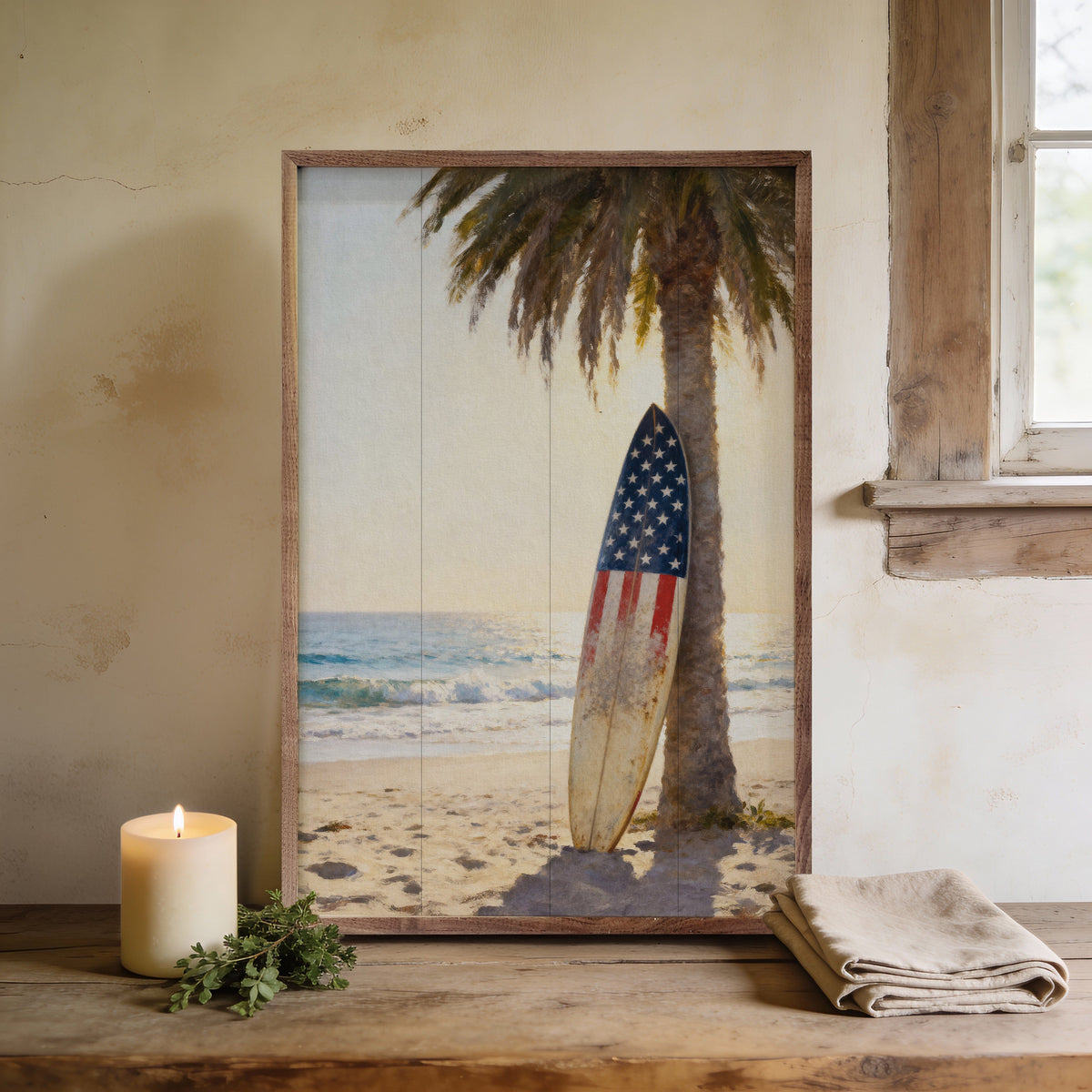 Patriotic Surfboard Beach Printed and Framed Wall Sign