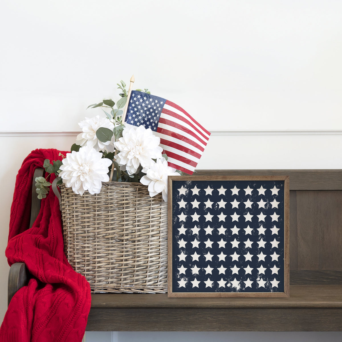 Pattern White Stars On Blue Printed and Framed Wall Sign