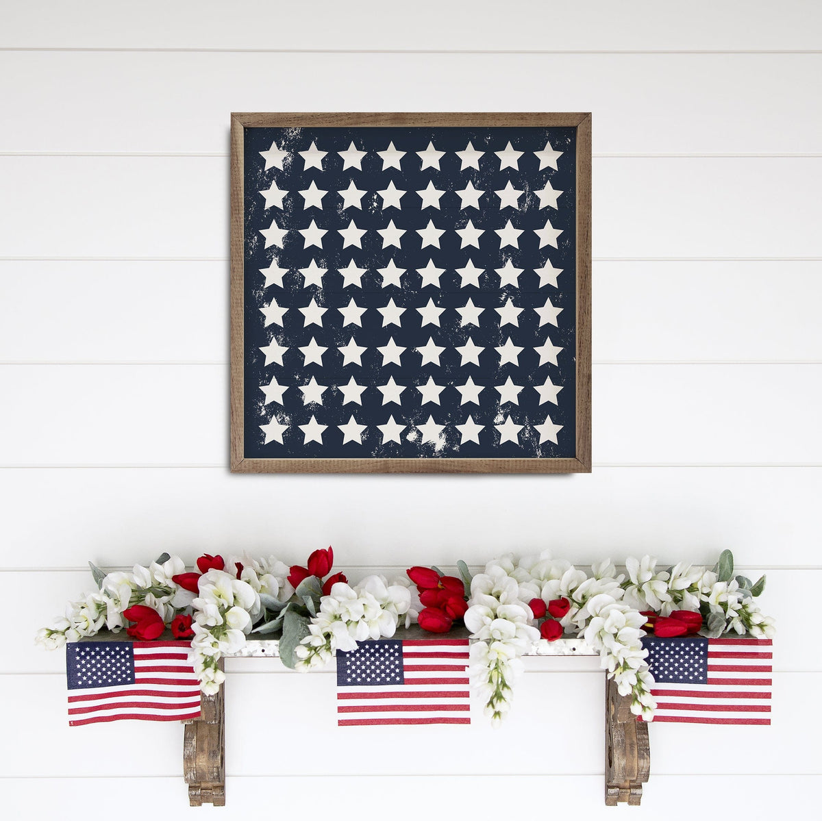 Pattern White Stars On Blue Printed and Framed Wall Sign