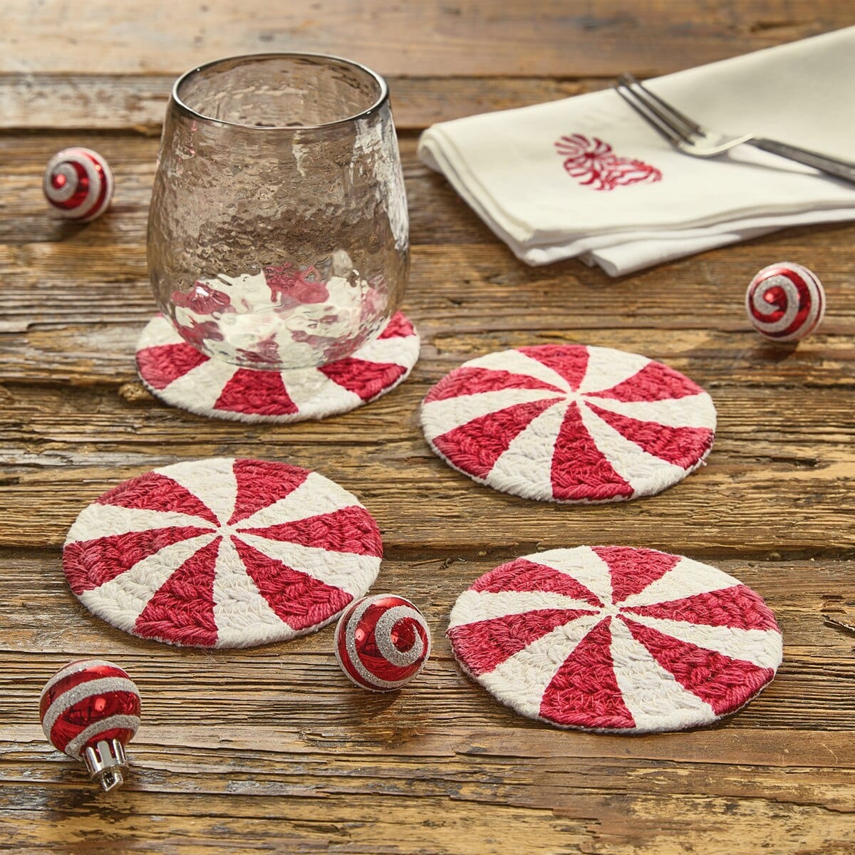 Peppermint Candy Braided & Printed Coaster Round Set of 4