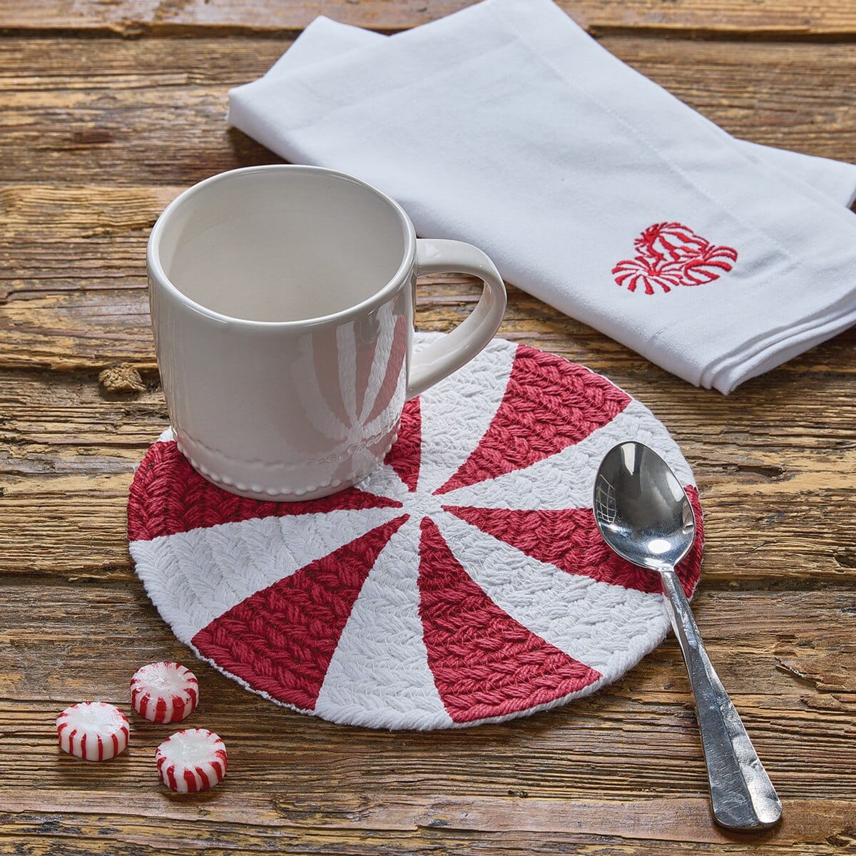 Peppermint Candy Braided & Printed Trivet 8" Diameter Round Set of 2