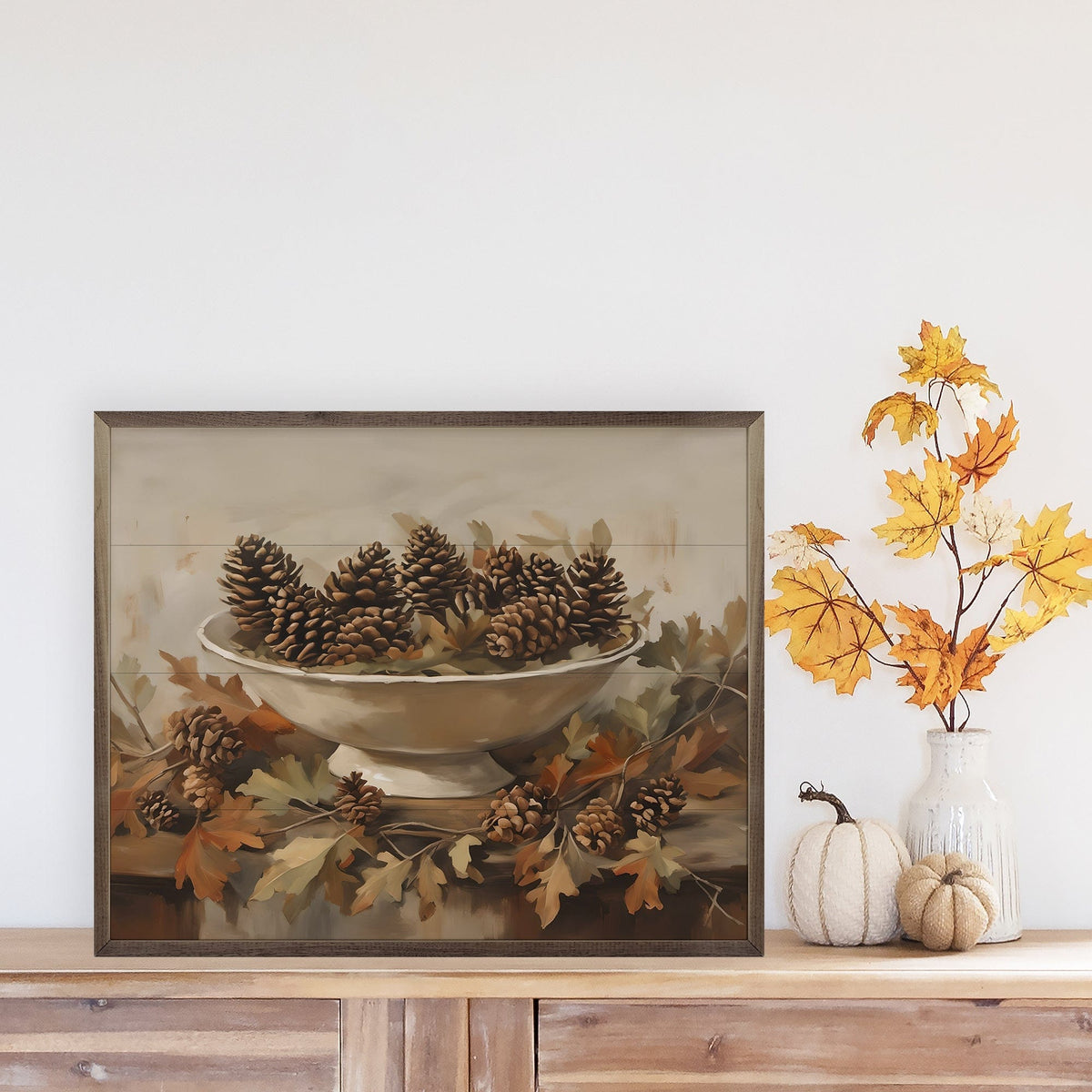 Kendrick Home Walnut Frames Pinecones Fall Centerpiece Printed and Framed Wall Sign