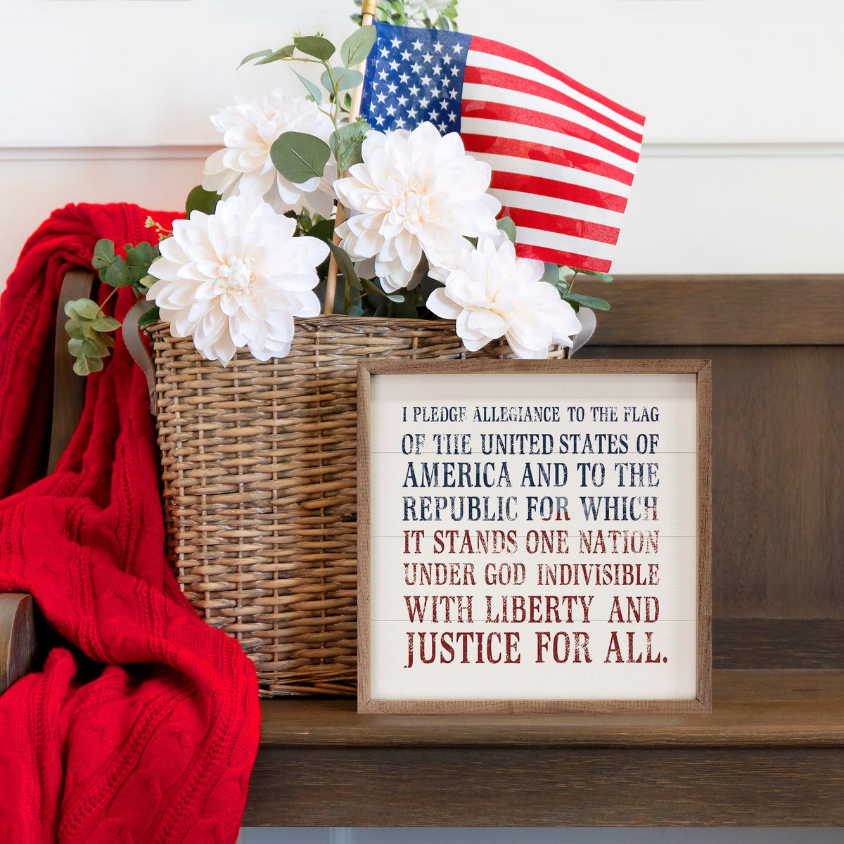 Kendrick Home Walnut Frames Pledge Allegiance Blue And Red White Printed and Framed Wall Sign