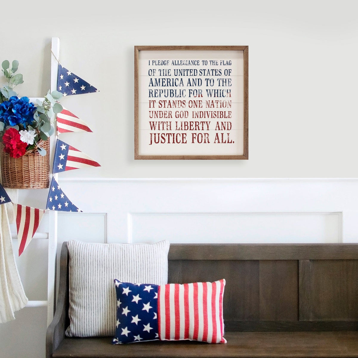 Kendrick Home Walnut Frames Pledge Allegiance Blue And Red White Printed and Framed Wall Sign
