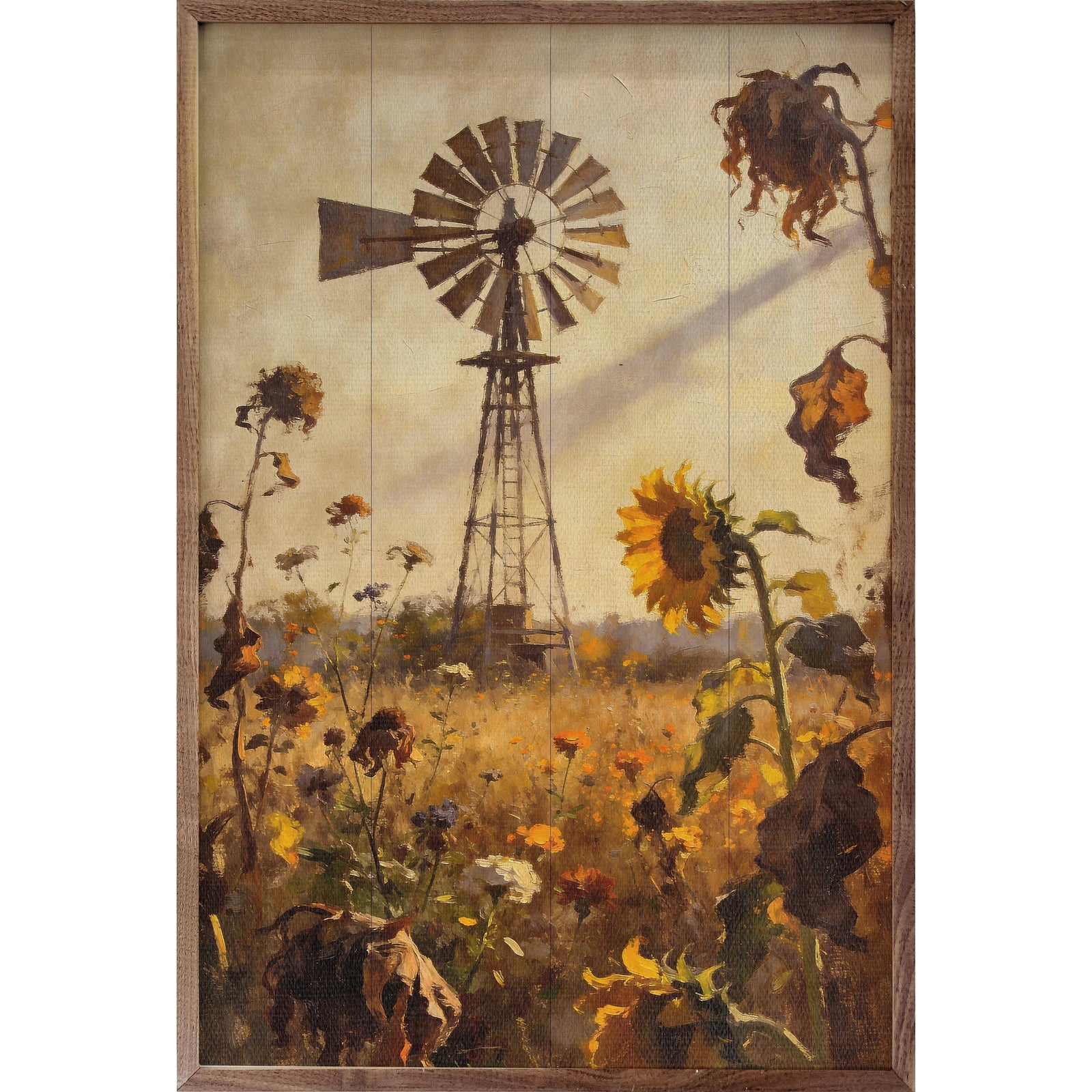 Kendrick Home Walnut Frames 5x8 Prairie Windmill In Autumn Sunflower Field Printed and Framed Wall Sign