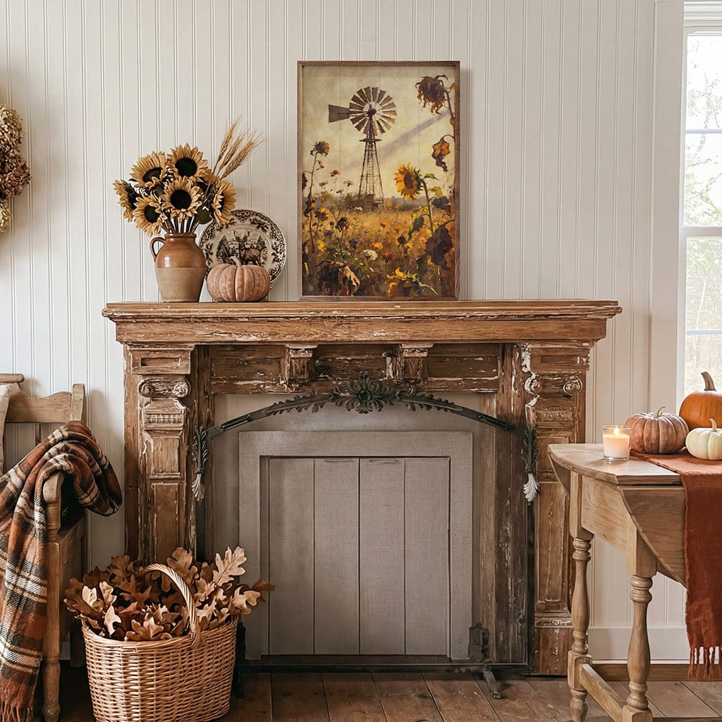 Kendrick Home Walnut Frames 5x8 Prairie Windmill In Autumn Sunflower Field Printed and Framed Wall Sign