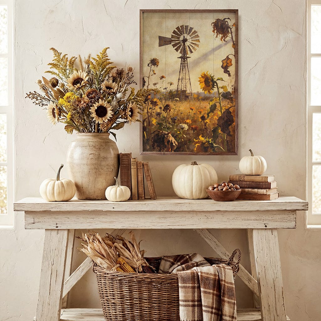 Kendrick Home Walnut Frames Prairie Windmill In Autumn Sunflower Field Printed and Framed Wall Sign